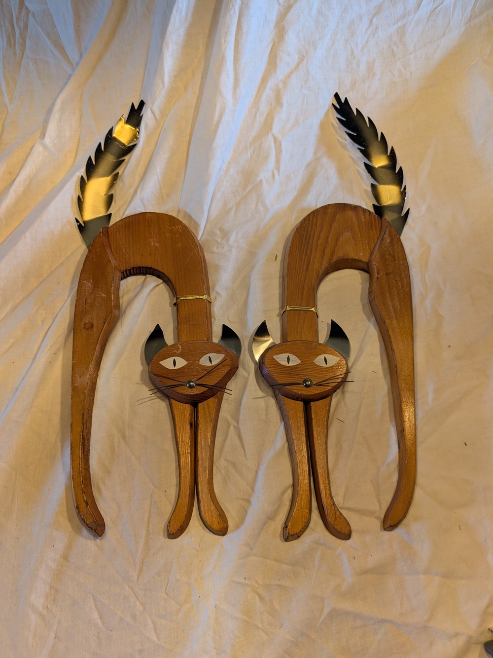 Vintage Brown Wooden Cat Wall Art Pair